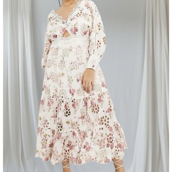 Curve Broderie Eyelet Twist Front Floral Midi Dress US 24 NWT Cotton - Picture 4 of 10